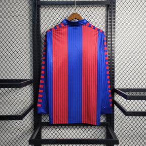 Camisa Barcelona Manga Longa Home 1992 - Meyba Retrô Masculina - Vermelha/Azul